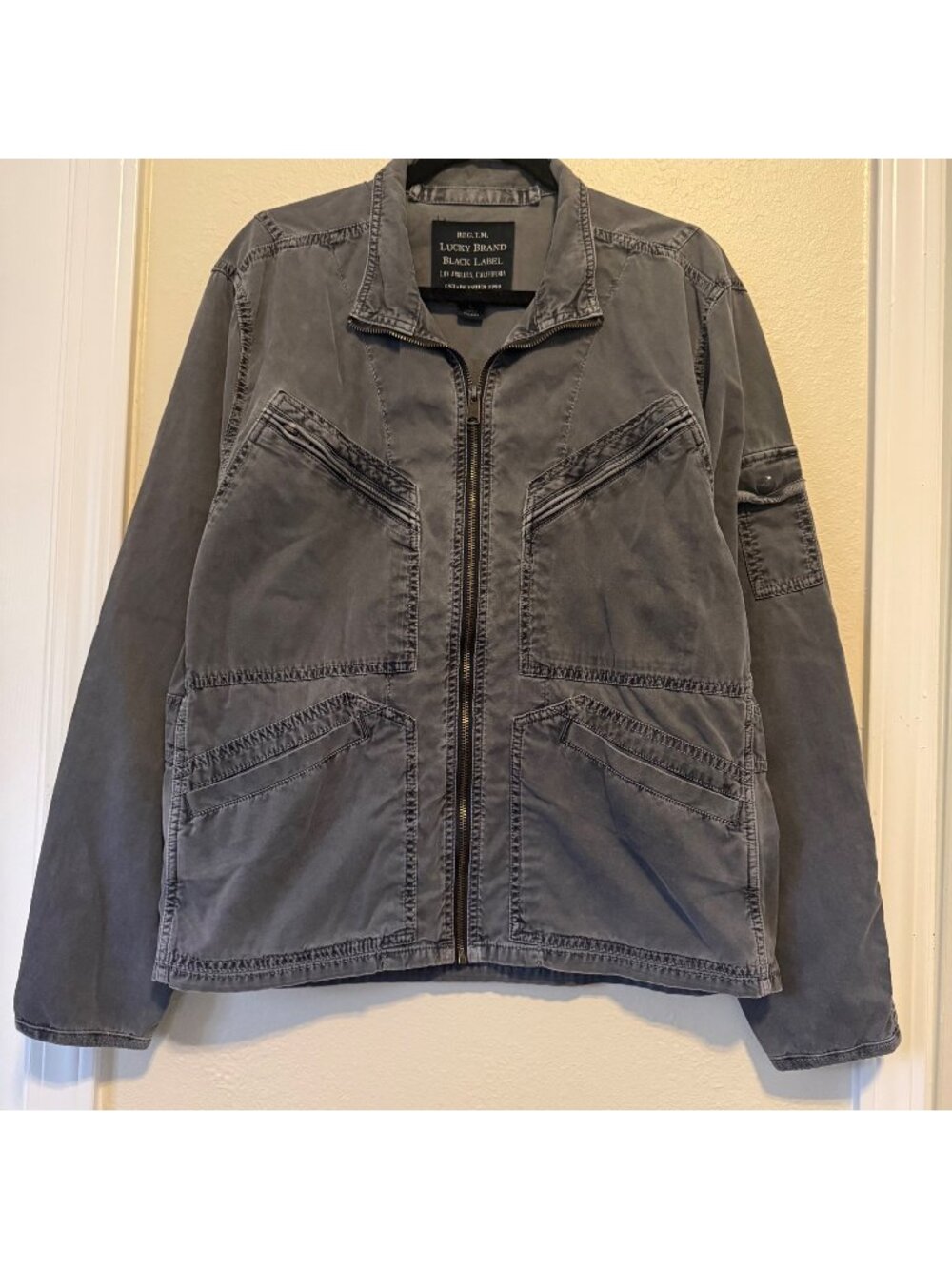 Lucky Brand Black Label Women's Gray Cotton Zip-Up Utility Moto Jacket Sz L